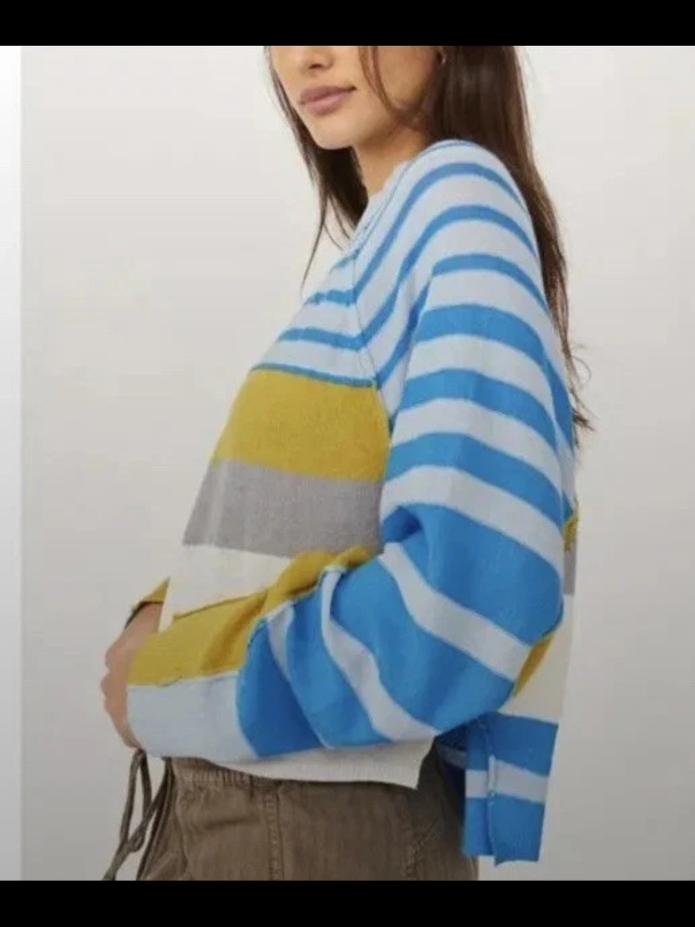 Free People Blue, White and Yellow Striped Crewneck Sweater